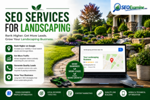 SEO services for landscaping businesses showing local search optimization, Google Maps rankings, lead generation, and landscaping company growth.
