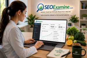 SEO for Nutritionists dashboard showing Google Search rankings, keyword performance, and organic traffic growth for a nutrition practice.