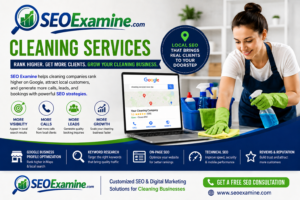 SEO marketing banner for cleaning services featuring a cleaning professional, Google local search results, and SEO Examine branding promoting higher rankings, more leads, and business growth.