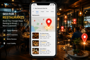 SEO for Restaurants showing Google Maps optimization, local search rankings, and restaurant visibility strategies to attract more customers.