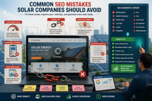 Solar company website showing SEO problems including slow loading speed, poor mobile design, and weak local visibility
