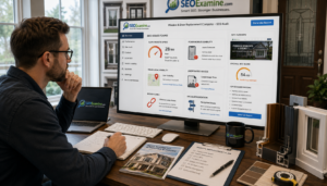 Window and door replacement company website showing SEO problems including poor local visibility, slow loading speed, and weak mobile design