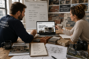 Marketing team creating online content about brickwork, stone masonry, and block construction services