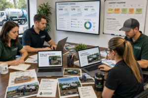Marketing team creating educational content about septic system maintenance and inspections