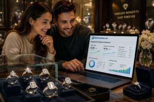 Couple researching diamond engagement rings online while a jewelry business analyzes buyer search behavior