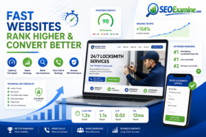 Fast website speed optimization for SEO for Locksmiths showing PageSpeed performance, technical SEO improvements, higher Google rankings, and increased locksmith service bookings.