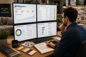 SEO specialist analyzing furniture search keywords, customer intent, and online search trends