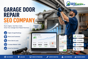 Garage Door Repair SEO Company banner showing a garage door technician, Google rankings, Local SEO, Google Maps optimization, and SEOExamine helping generate more local leads.