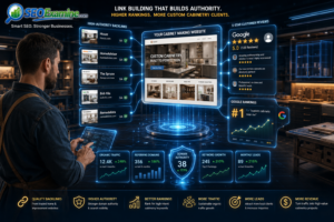 Backlinks, customer reviews, and Google ranking improvements for a cabinet-making business featuring the SEOExamine logo.