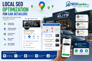 SEO for Car Detailers local SEO illustration showing Google Business Profile optimization, Google Maps rankings, and nearby customer bookings.