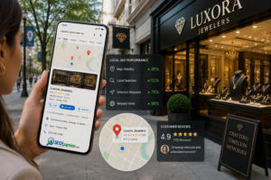Customer finding a nearby jewelry store through local Google search and map results