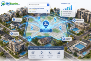 Digital map showing local SEO visibility for a pool cleaning company across multiple service areas