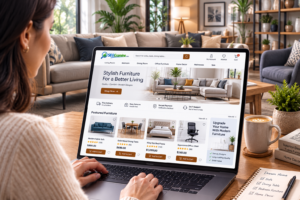 Customer shopping for furniture online while browsing optimized product pages on a modern e-commerce website