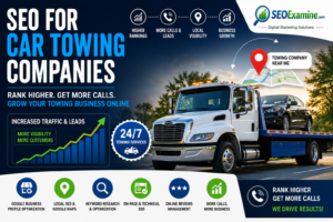Professional SEO for Car Towing Companies banner showing a tow truck, Google Maps optimization, keyword research, local SEO strategies, and business growth by SEOExamine.