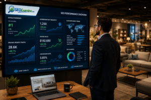 Furniture store owner analyzing SEO performance, showroom visits, and online furniture sales