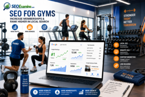 SEO for Gyms digital marketing illustration showing Google rankings and a modern fitness center