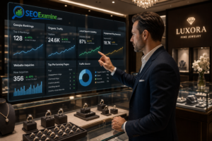 Jewelry store owner analyzing SEO performance and online searches for engagement rings and fine jewelry