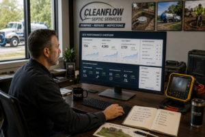 Septic service company owner analysing SEO performance and generating pumping, repair, and inspection leads