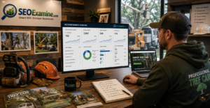 Tree care business owner reviewing online leads, search rankings, and customer inquiries