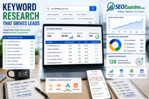 SEO for Car Detailers keyword research illustration showing keyword analysis, search rankings, and customer search intent by SEOExamine.