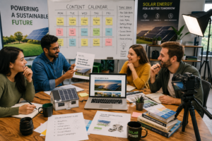 Solar marketing team creating educational content about solar energy and renewable energy solutions