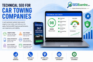 Technical SEO for Car Towing Companies showing website speed optimization, mobile-friendly design, structured data, XML sitemap, SSL security, and SEO performance improvements by SEOExamine.