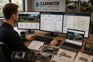 Specialist optimising a website with service pages for septic pumping, repairs, and inspections