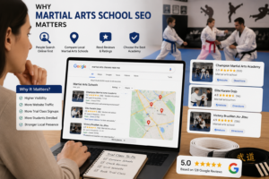 Parent searching online for martial arts schools using Martial Arts School SEO results.