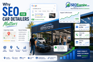 SEO for Car Detailers illustration showing increased Google rankings, local visibility, website traffic, and customer growth through SEOExamine.
