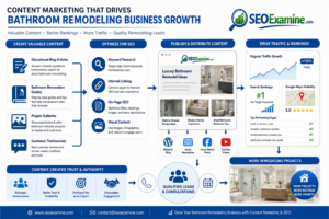 Bathroom remodeling content strategy with blog articles, project galleries, and SEO growth visualization