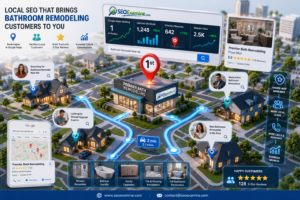 Interactive city map highlighting a bathroom remodel company ranking in Google Maps for nearby homeowners