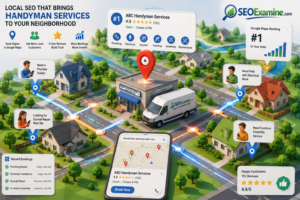 Handyman business highlighted on a neighborhood map with local homeowners requesting repair services
