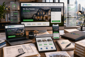Optimized real estate investor website generating homeowner inquiries across desktop and mobile devices.