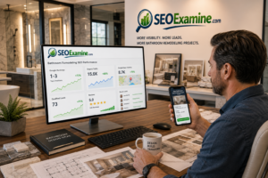 Bathroom remodeling company owner analyzing SEO performance and new local renovation leads in a modern office