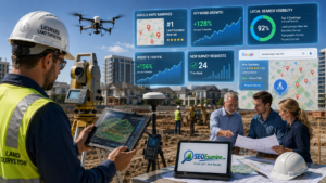 Professional land surveyors using advanced GPS equipment and digital mapping technology to improve local SEO visibility
